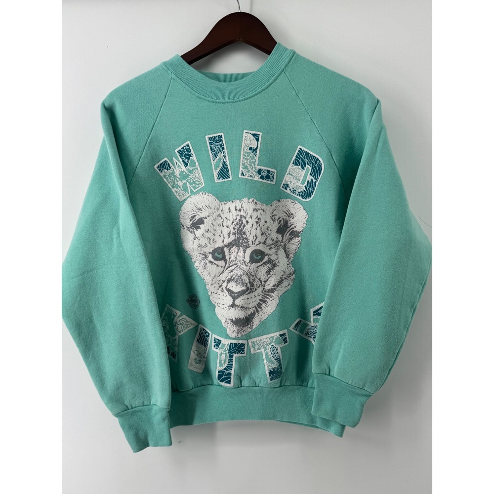 Vintage Mammoth Mountain Wild Kitty Graphic Sweatshirt Teal Green Mens Medium